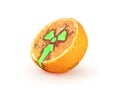 Tilted half of tangerine with a glowing radioactive sign