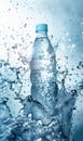 The tilted mineral water bottle is partially submerged in water, surrounded by splash and bubbles to create a dynamic effect, and Royalty Free Stock Photo