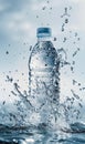 The tilted mineral water bottle is partially submerged in water, surrounded by splash and bubbles to create a dynamic effect, and Royalty Free Stock Photo