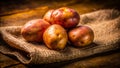 A Tilted Perspective on Rustic Simplicity Four Potatoes Resting on a Burlap Sack Captured with Exquisite Detail in Royalty Free Stock Photo