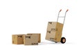 Tilted red wheel barrow or hand truck with cardboard boxes and parcels in front over white background, delivery or transportation