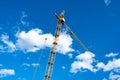 Tilted tower crane to the right against blue sky