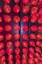 Tilted view of Chinese red lanterns in temple