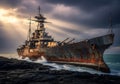 Tilted Warship Wreck on Rocky Shoreline Royalty Free Stock Photo