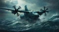 Tiltrotor Aircraft In A Storm Ocean. Generative AI