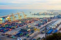 Tiltshift Harbor of Barcelona, Catalonia, Spain.