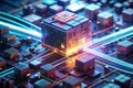 A TiltShift Miniature of a Futuristic Digital Cube Showcasing Vibrant Data Streams and Intricate Geometric Patterns Royalty Free Stock Photo