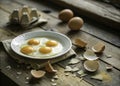 A TiltShift Symphony of SunnySideUp Eggs A Rustic Breakfast Delight Featuring Cracked Eggshells on a Wooden Table Royalty Free Stock Photo
