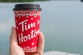 Tim Horton`s Canadian retail coffee chain Christmas takeaway cup decorations outside in the Middle East