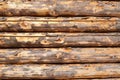 Barn wall from horizontal coniferous tree trunks. Wood beams with peeling bark rustic background