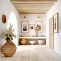 Timber beam ceiling and arched door in mediterranean style hallway. Interior design of modern rustic entrance hall with door in