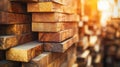 Timber building supplies stacked in a warehouse. Royalty Free Stock Photo