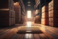 timber floor in warehouse with stacks of boxes and ties