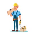 Construction Worker Building Timber Frame Vector. Classic Uniform And Helmet. Wooden Boards. Flat Cartoon Illustration