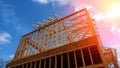 Timber frame house, new build roof with wooden home construction framing