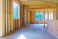 Timber frame house, stick built home under construction with wooden truss, post and beam framework Royalty Free Stock Photo