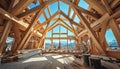 Timber frame house under construction inside view with tools and materials against a clear blue sky Royalty Free Stock Photo