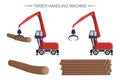 Timber handling machine. Wheel reloader. Flat vector