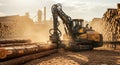 Timber Harvesting: Modern Forestry Machine Processing Logs at a Lumber Mill with Sunlight Royalty Free Stock Photo