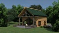 Timber log Home - Tiny House, 3d Illustration, 3d rendering Royalty Free Stock Photo