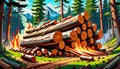 Timber logging work log stack forest fire burning destruction cartoon