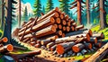 Timber logging work log stack forest firewood storage cartoon Royalty Free Stock Photo