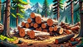 Timber logging work log stack forest high mountain wood cartoon