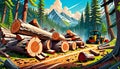 Timber logging work log stack pile forest equipment cartoon Royalty Free Stock Photo