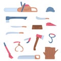 Timber and lumber industry tools set flat cartoon vector illustration isolated. Royalty Free Stock Photo
