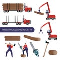 Timber processing industry. Special equipment and workers. Icon set Royalty Free Stock Photo