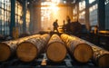 Timber storage: cut trees neatly arranged in sawmill, showcasing process of logging, preparation for transformation into