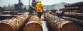 Timber storage: cut trees neatly arranged in sawmill, showcasing process of logging, preparation for transformation into