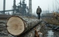 Timber storage: cut trees neatly arranged in sawmill, showcasing process of logging, preparation for transformation into
