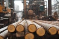 Timber storage: cut trees neatly arranged in sawmill, showcasing process of logging, preparation for transformation into