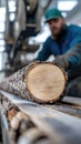 Timber storage: cut trees neatly arranged in sawmill, showcasing process of logging, preparation for transformation into