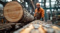Timber storage: cut trees neatly arranged in sawmill, showcasing process of logging, preparation for transformation into