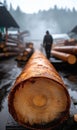 Timber storage: cut trees neatly arranged in sawmill, showcasing process of logging, preparation for transformation into