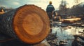 Timber storage: cut trees neatly arranged in sawmill, showcasing process of logging, preparation for transformation into