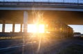 A timber truck carries the forest along the road against the background of the bridge and the sun, industrial