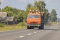 Timber truck with a forest rides on the highway with cargo Royalty Free Stock Photo