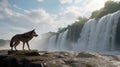 Timber wolf hunting in mountain on waterfall background. Animal in the nature habitat. Generative AI