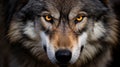 Timber wolf portrait. A close-up photo of a menacing wolf with a yellow eyes. Generative AI Royalty Free Stock Photo