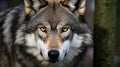 Timber wolf portrait. A close-up photo of a menacing wolf with a yellow eyes. Generative AI Royalty Free Stock Photo