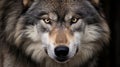 Timber wolf portrait. A close-up photo of a menacing wolf with a yellow eyes. Generative AI Royalty Free Stock Photo