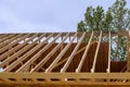 Timber wooden truss frame beam framework house stick built home under construction new build Royalty Free Stock Photo