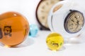 Time abstraction. Glass balls with sand clock reflections Royalty Free Stock Photo