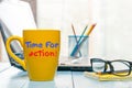 TIME FOR ACTION text on morning coffee or tea mug, business concept, motivate inscription Royalty Free Stock Photo