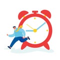 Time as Valuable Life Resource Concept. Hurrying Businessman Running Fast near Huge Alarm Clock Hurry at Work Royalty Free Stock Photo