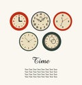 Time banner with set of round clocks. Collection of clocks Royalty Free Stock Photo