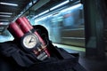 Time bomb inside a backpack in a subway station Royalty Free Stock Photo